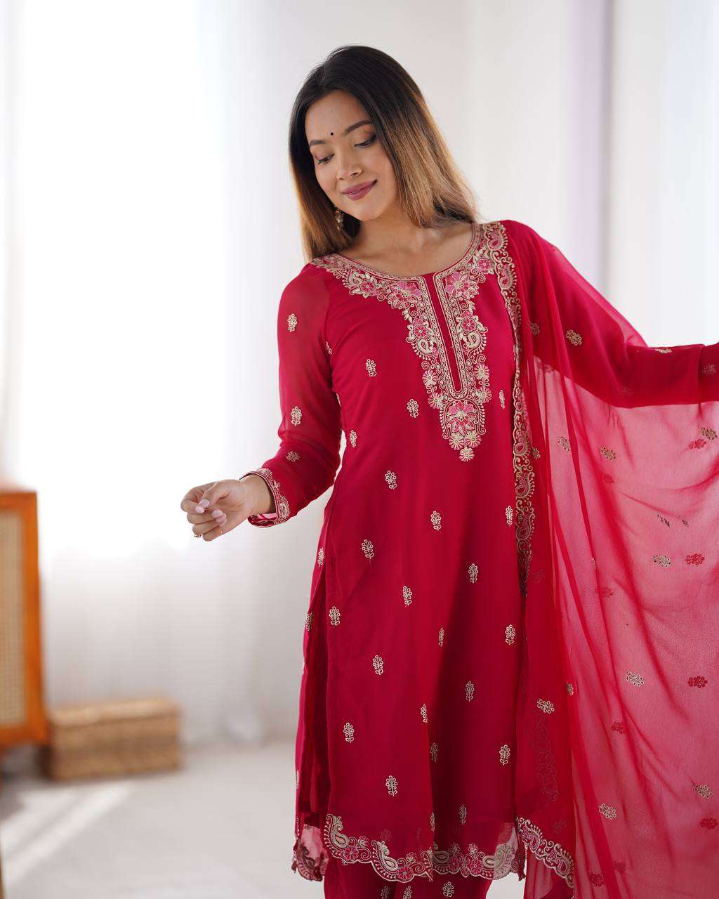 Women's Georgette Embroidery Straight Kurti with Pant And Dupatta Set - Image 5