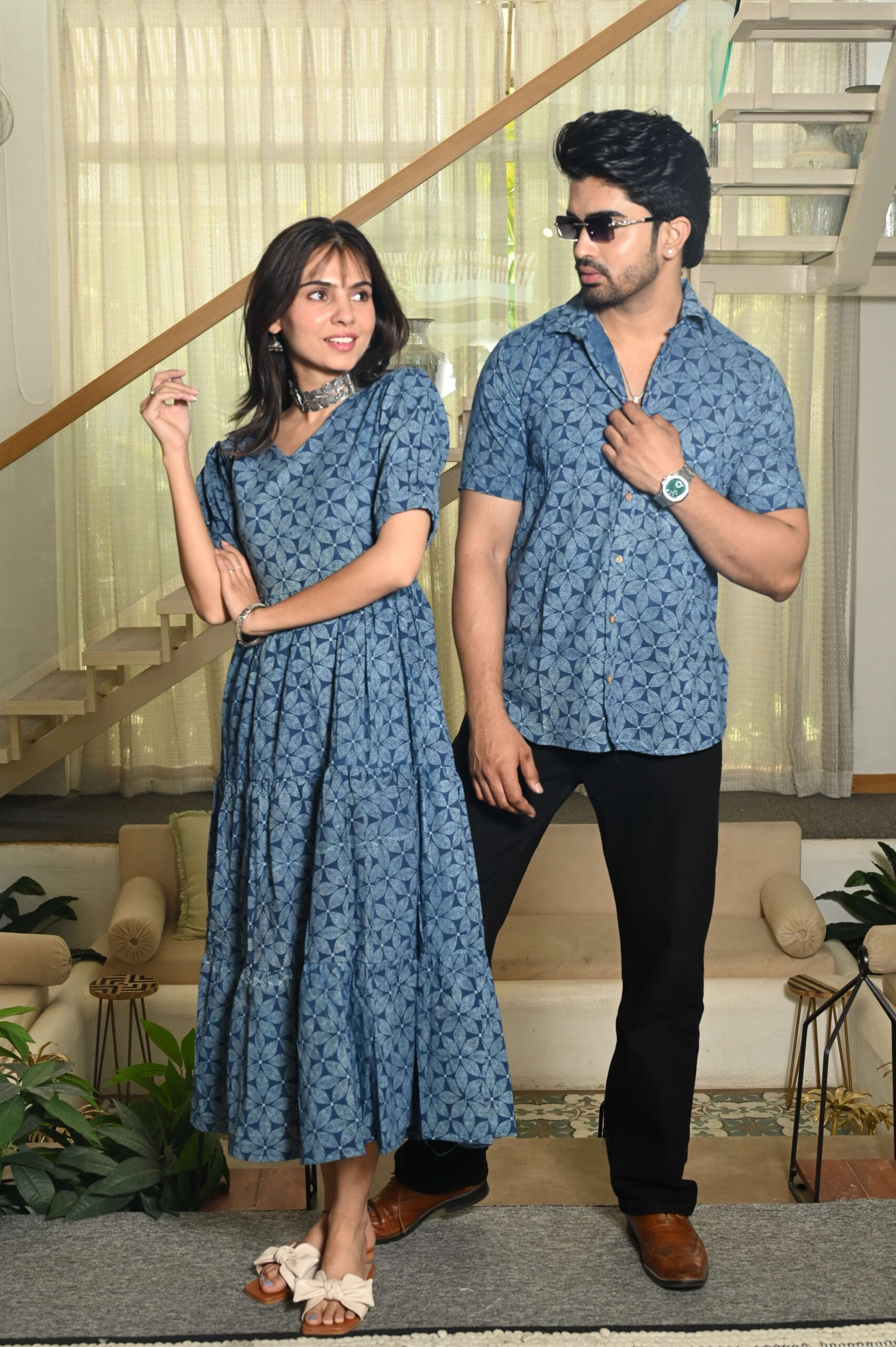 Couple Matching Blue Cotton Anarkali Midi Dress and Shirt Set ? Geometric Block Print - Image 2