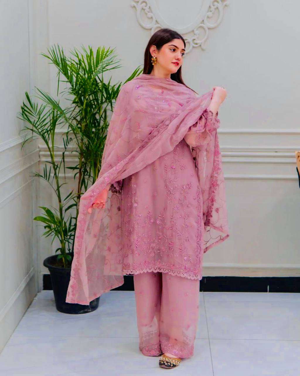 Women's Faux Georgette Embroidery work Straight Kurti With Pant and Dupatta Set - Image 6
